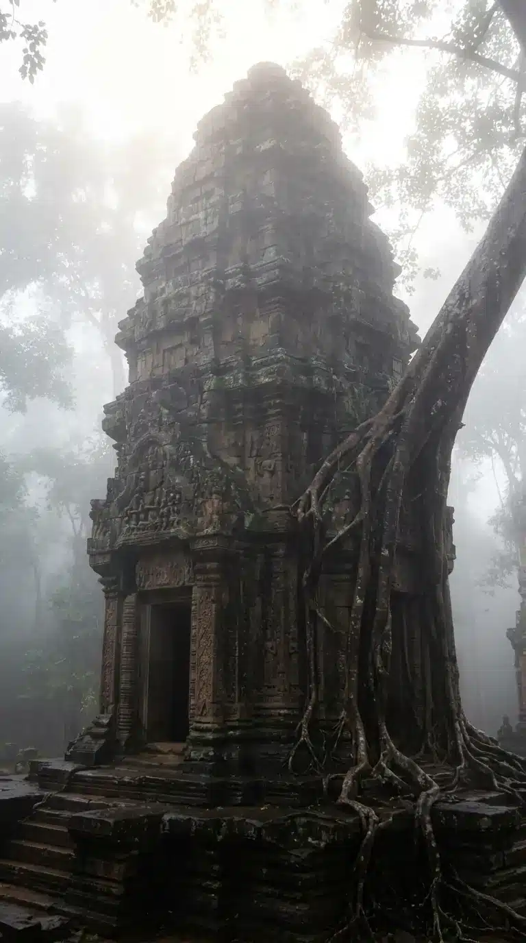 Vue du sanctuaire central de Ta Nei, temple caché d'Angkor, entouré de jungle.