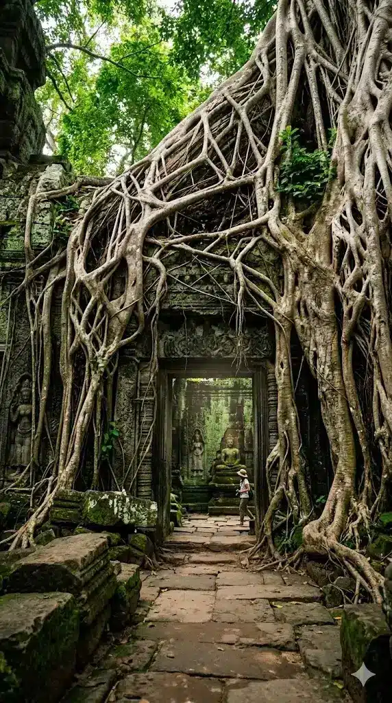 entrée étroite du temple de Preah Khan à Angkor, au Cambodge, avec des racines massives d'arbres enveloppant les murs de pierre sous une brume épaisse